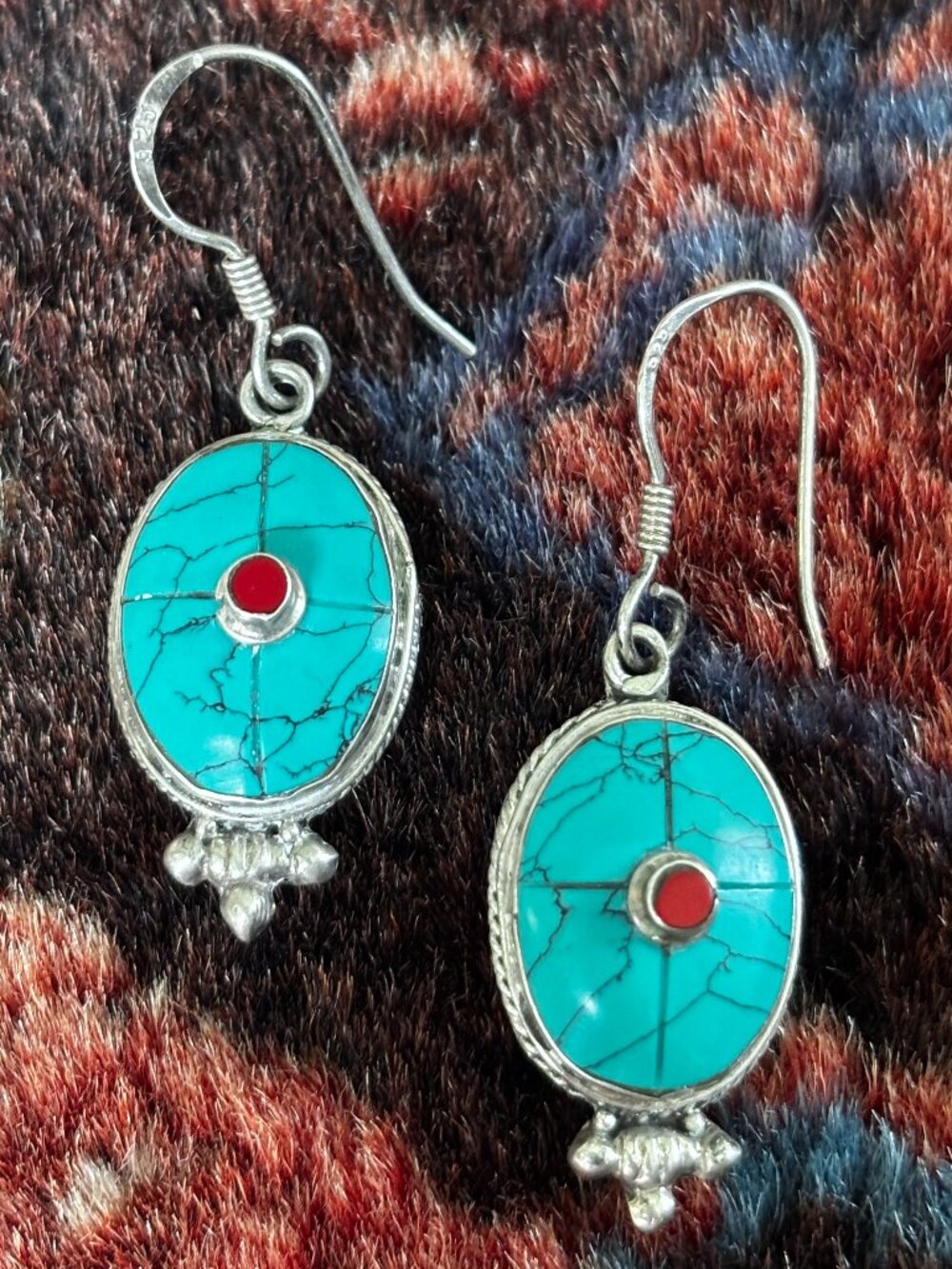 Vintage Tibetan Turquoise and Coral Earrings